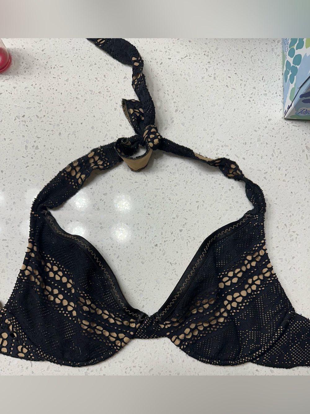 BECCA Black Crochet Lace Bikini Top with Nude Lining
